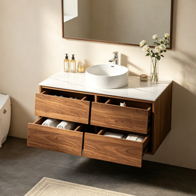 36" Modern Floating Bathroom Vanities With Single Sink, Brown Wood Cabinets With 4 Drawers, White