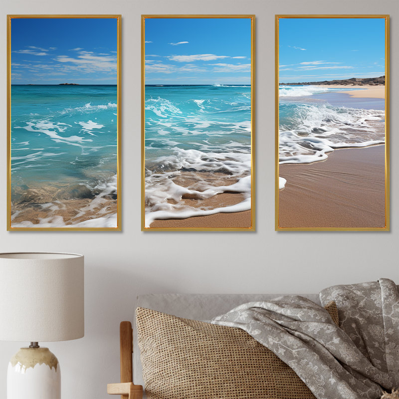 «Oceanic Beach Harmony I» - ensemble de reproductions d'art mural côtier, H 28 po x l 36 po x P 1 po, Cadre flottant doré