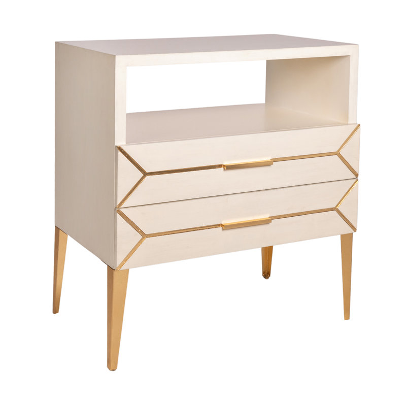 Table de chevet en bois massif 2 tiroirs New York, Beige antique