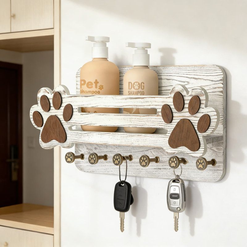 Organisateur mural en forme de laisse de ferme et porte-clés avec tablette flottante et 6 crochets - Rangement d'accessoires pour animaux de compagnie rustique