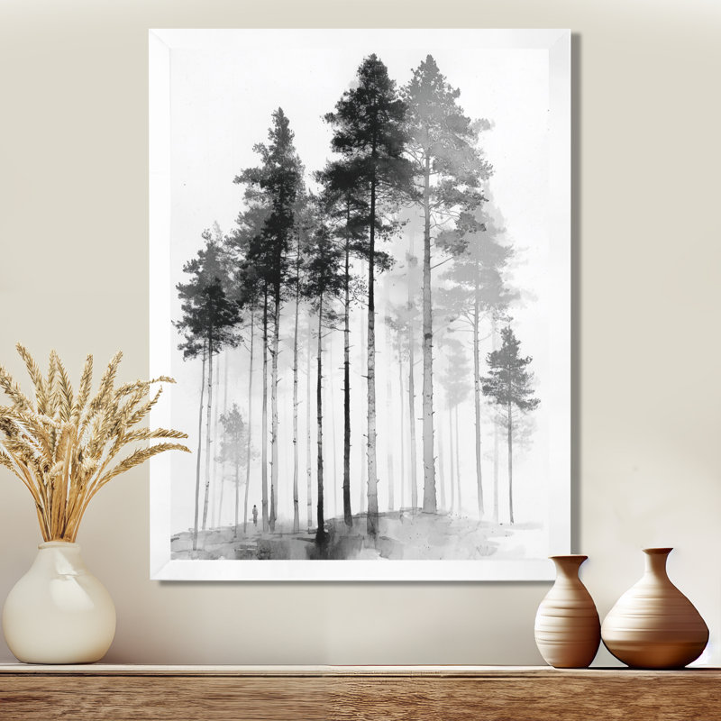 «Black and White Tall Pine Tree Forest», reproduction d'art sur toile Nature, Cadre photo unique, H 32 po x l 16 po, Blanc