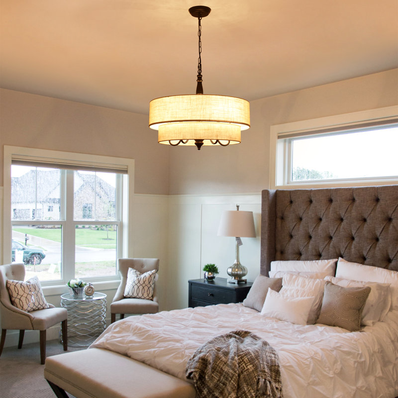 5 Light 21.26" Two Tiered Drum Chandelier With Fabric Shade For Dining Room Bedroom Kitchen Island Living Room Hallway