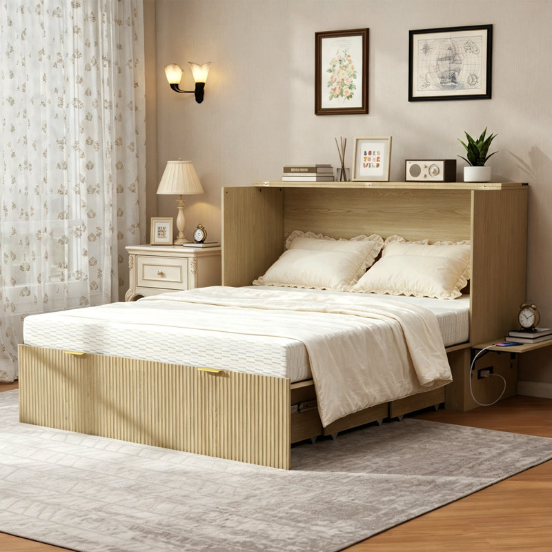 Lit escamotable Queen – Finition en bois avec station de recharge, 12 roulettes et dispositif anti-basculement. Matelas non inclus.