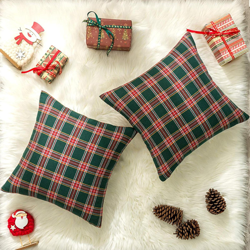 Set of 2 Green Red Plaid Christmas Pillow Covers