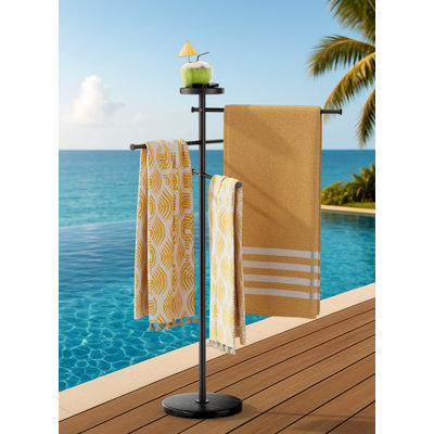 Outdoor Towel Rack With Aluminum Frame, White Marble Round Base, Storage Shelf