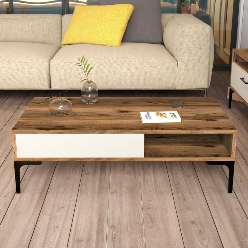 Modern Coffee Table with Walnut and Cream Finish, 41.3 x 12.8 x 23.6 inches | 100% Melamine Coated Particle Board, Thickness: 0.7 inches | Sturdy Metal Legs (6.7 inches) | Stylish & Functional Design for Living Room or Office
