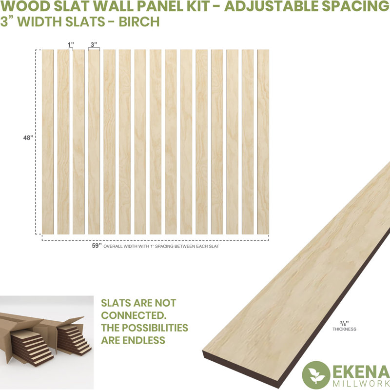 Adjustable Wood Slat Wall Panel Kit, Birch, 2"W x 47"H x 0.25"T