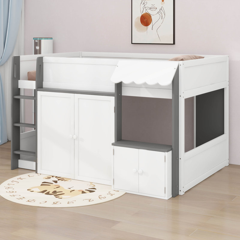 Full Low Loft Bed With Storage, Door And Window, Wood Playhouse Bed Frame With Storage, White/Gray