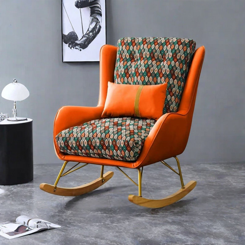 Chaise berçante luxueuse en tissu floral moderne, Vert / Rouge / Orange