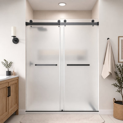 Catalyst 56"- 61" W x 76" H Double Sliding Frameless Shower Door in Matte Black with 3/8" Obscure Glass