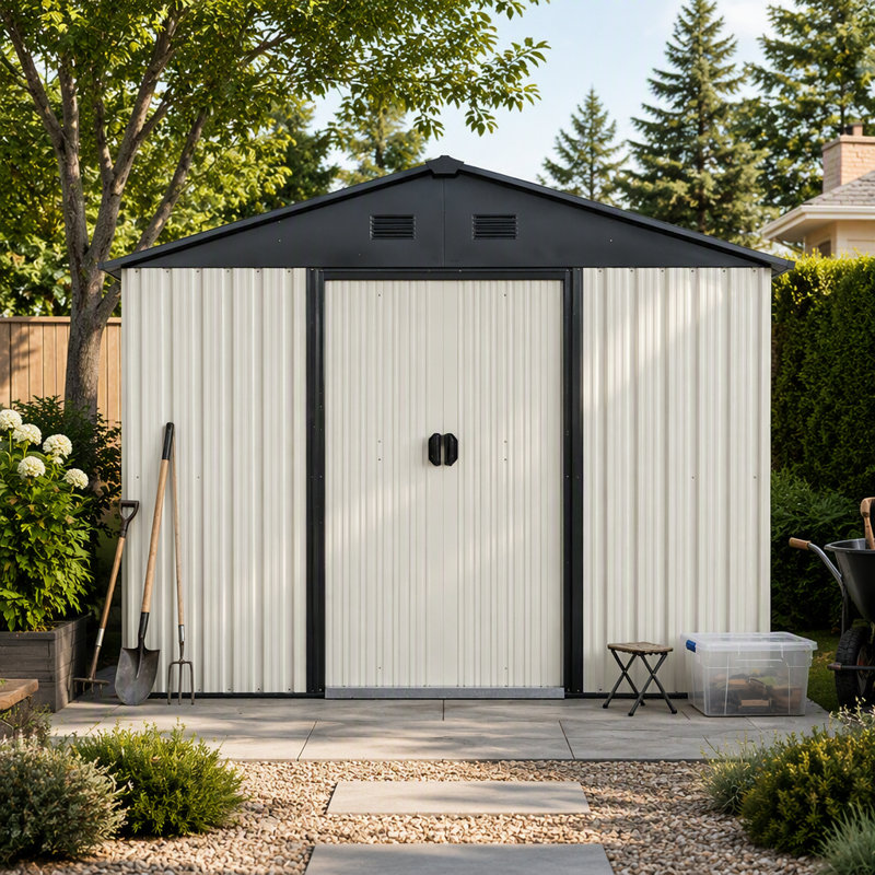 Remise de rangement extérieure en métal 8 pi x 4 pi avec porte coulissante et fondation pour cour, patio et pelouse - blanc et noir
