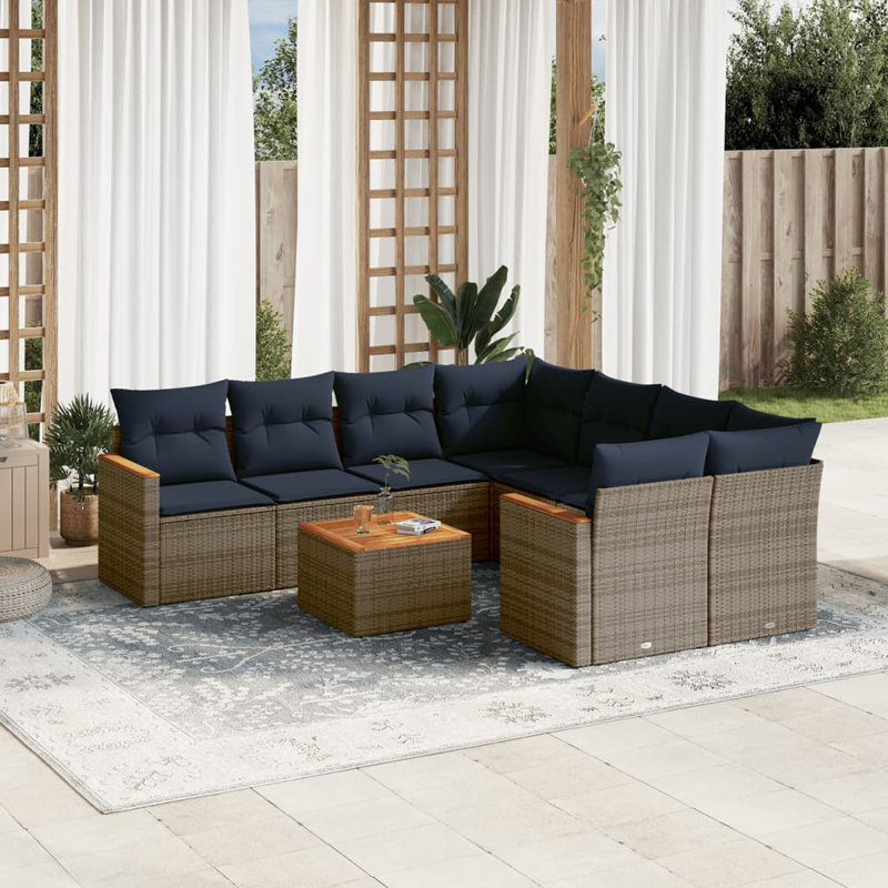 Ensemble de canapé de patio 9 pièces avec coussins en rotin de polyester, Marine, Gris