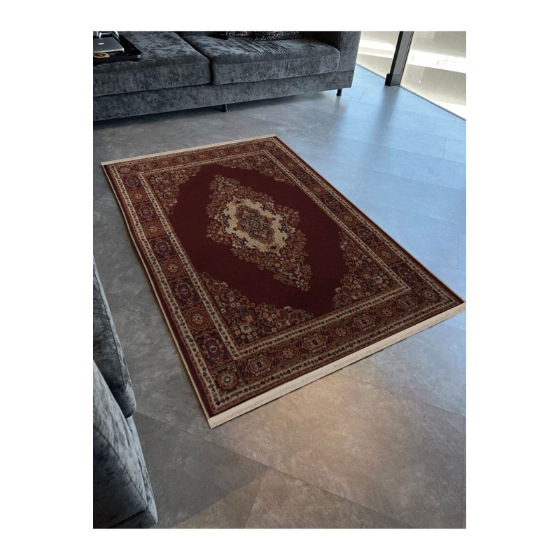 Tapis décoratif décoratif à franges rétro bourgogne traditionnel, Rectangle 3 pi 11 po x 5 pi 11 po