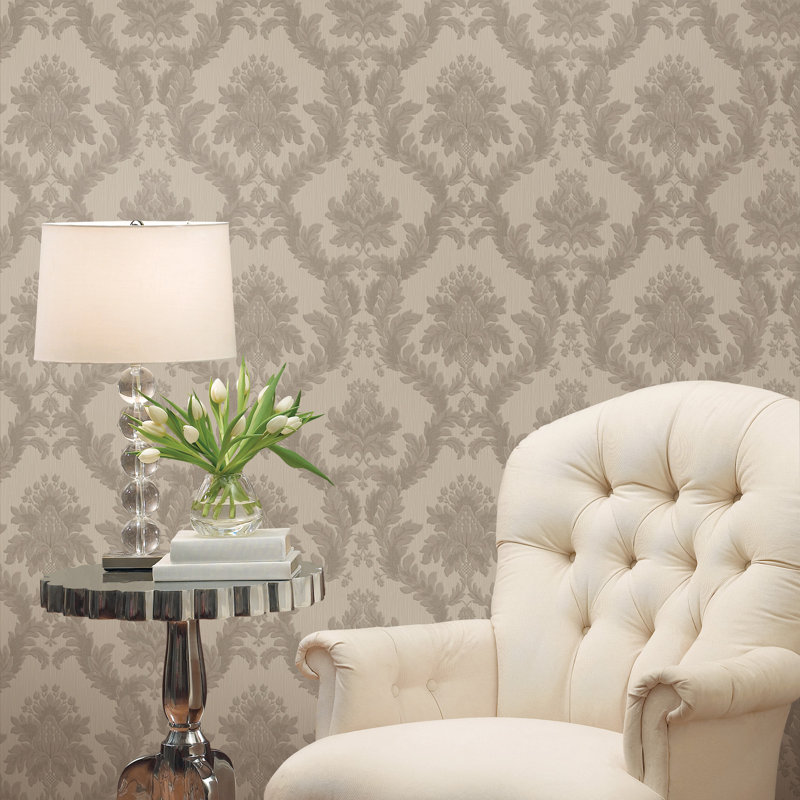 Ornamenta 2 Classic Damask 33' L x 21" W Embossed Wallpaper Roll, Beige/Greige