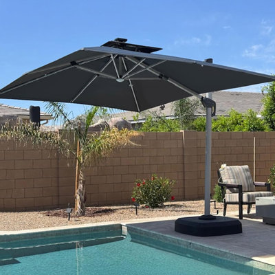 120'' Double Top Solar Powered Led Lighted Square Cantilever Umbrella With Wheeled Base,Gray