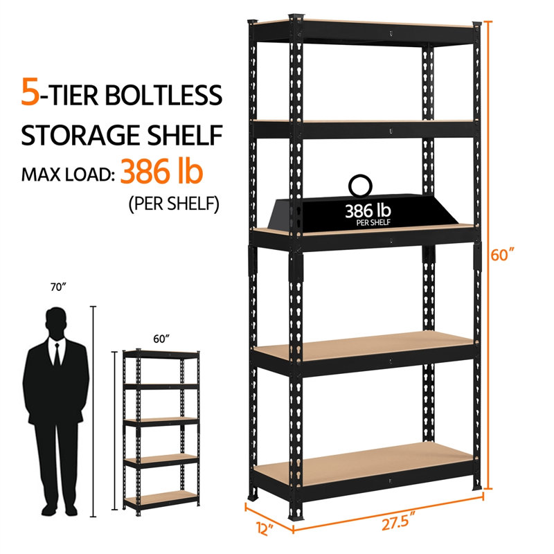 Tevis 60" H x 27.5" W x 12" D 5 Tiers Boltless Adjustable Storage Shelf Goods Rack, Black