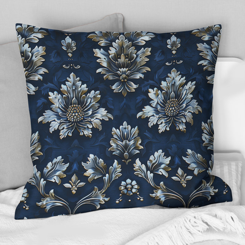 Coussin décoratif bleu marine damassé Glam, H 18 po x H 18 po