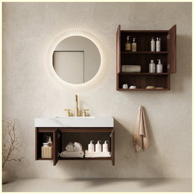 Meuble-lavabo flottant mural 36 po + 26 po avec lavabo, plateau en pierre frittée blanc Carrara et vasque en céramique, grain de bois noyer, 3 trous de robinet pré-percés