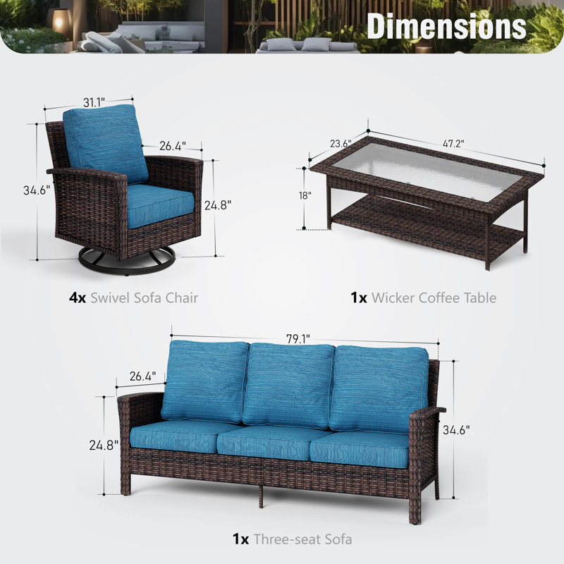 Nadilee Premium All-Weather Wicker 7 - Person Patio Conversation Set with Cushions, Green Blue