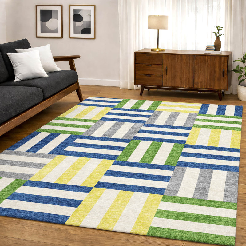 Premium Machine Washable Mayfield AMF2332 Geometric Rug, Blue, 3' x 5'