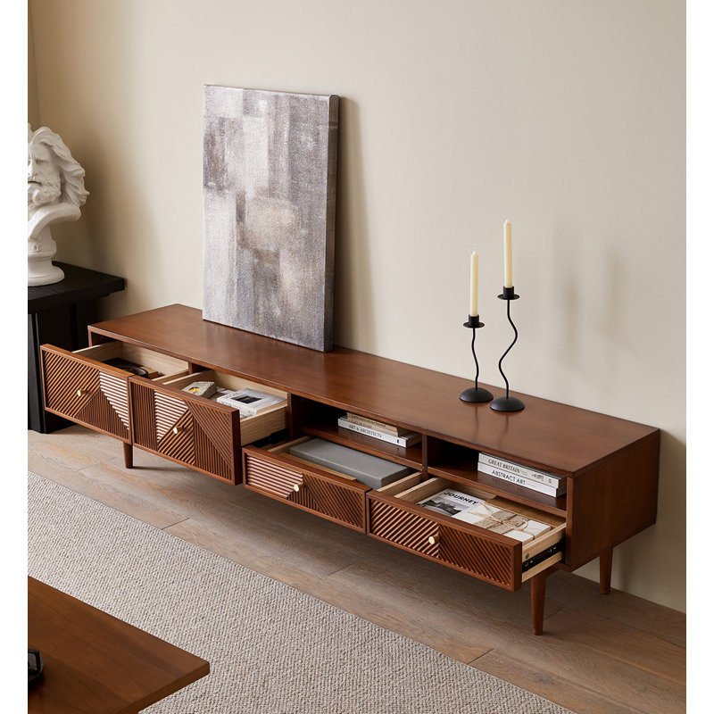 Console de télévision en bois massif de style Mid-Century avec tiroirs géométriques
