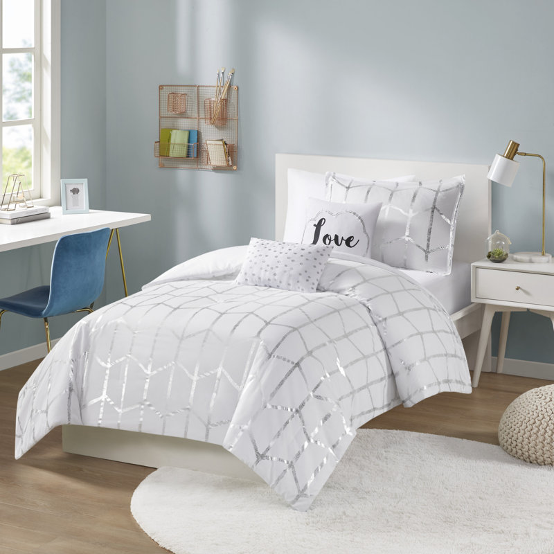 Ensemble d'édredon à imprimé métallique Raina, Édredon simple / simple TG, 1 taie décorative et, Blanc / argent