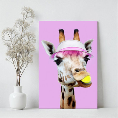 1Pc Framed Canvas Poster Print Giraffe, Tennis Cap and Tennis, Surreal Pop Art Style Wall Art Decor, Perfect for Room Decor Living Room Bedroom Office Kitchen Bathroom Home Decor, Ideal Home Wall Decoration Gift, 2D Flat