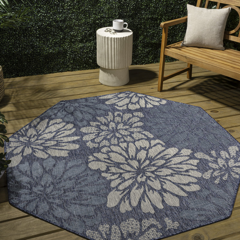 Hagy Modern Floral Textured Weave Navy/Aqua Indoor/Outdoor Rug, Octagon 7'9"
