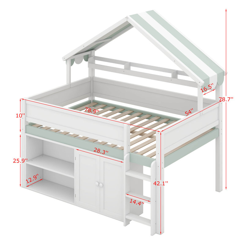 Full Size Loft Bed With Canopy Roof, Storage Cabinet & Shelves, Playhouse House Design, Solid Wood Frame For Teens