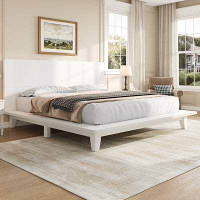 Mid-Century Platform Bed Frame with Headboard & Wood Slat Support – Solid Rubberwood, Modern Bedroom Furniture,Queen,White