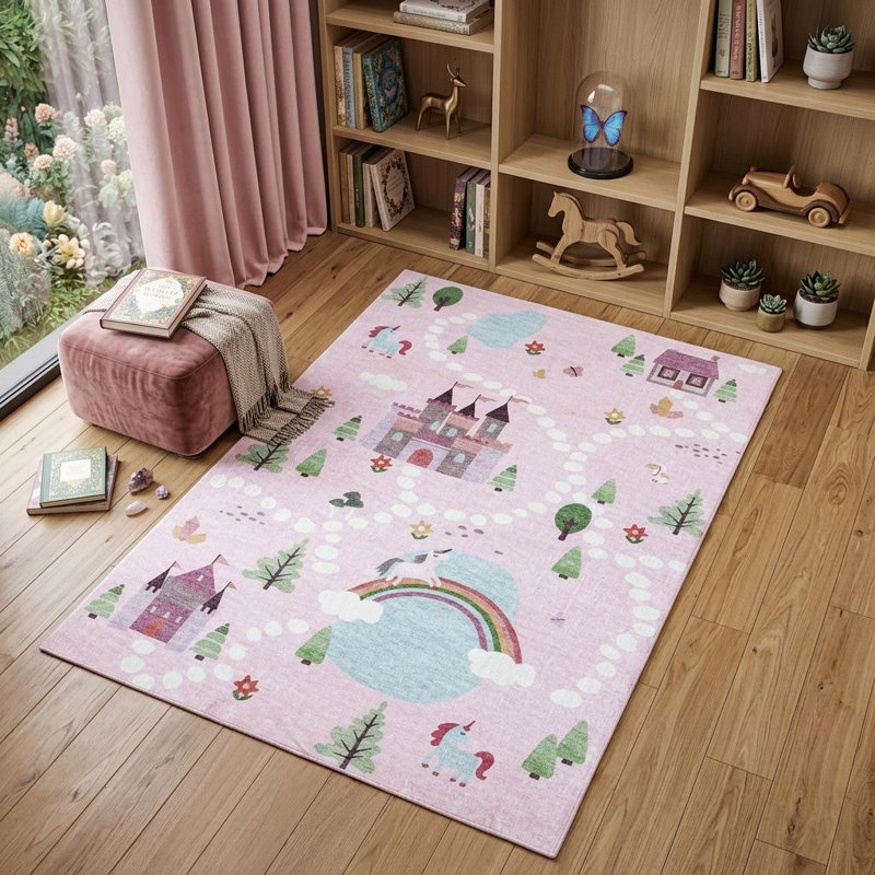 Tapis juvénile château et arc-en-ciel rose, blanc et bleu 5 pi x 8 pi