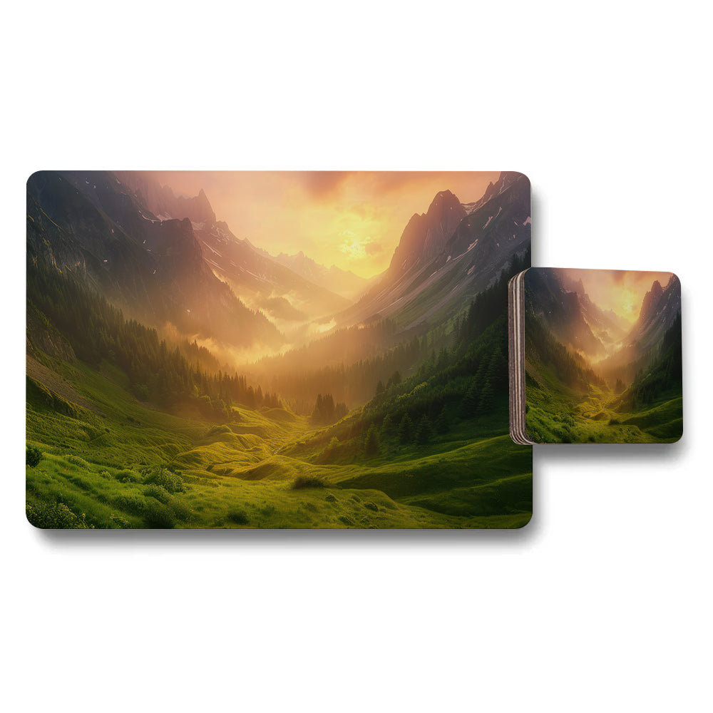 Mountain Landscape Placemat And Coaster Set Sunset Valley View