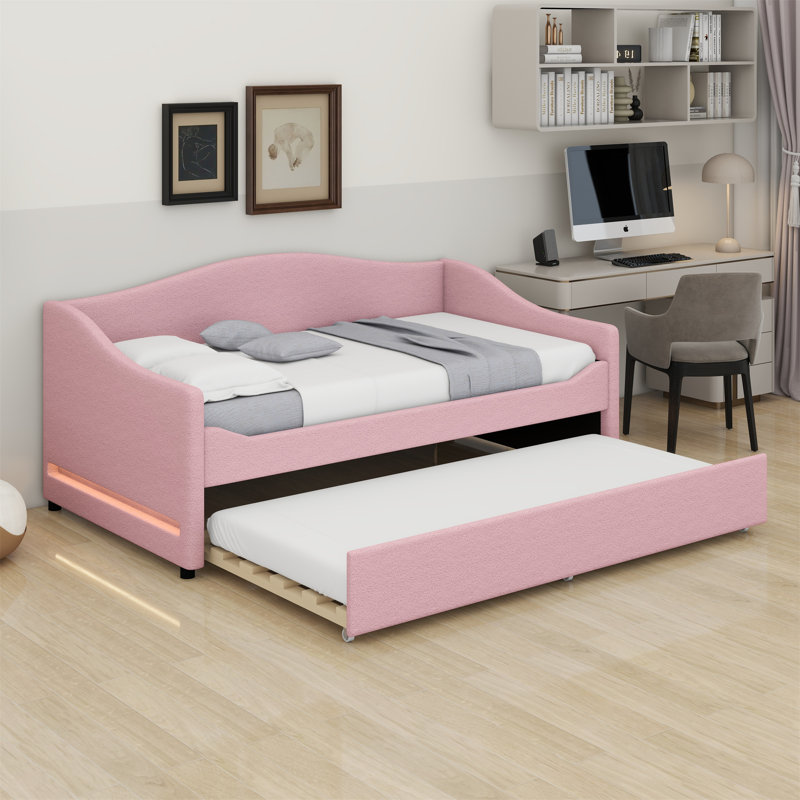 Upholstered Daybed With Light And Trundle, Pink