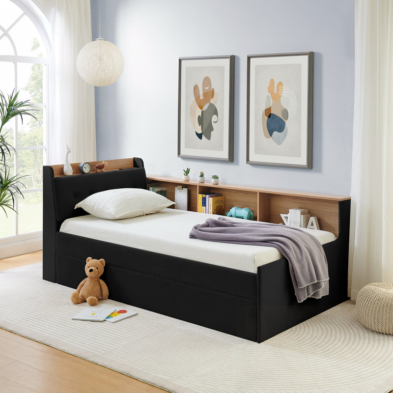 Twin Velvet Daybed with Storage Headboard, Wireless Charging, Trundle Bed and LED Lights, Black