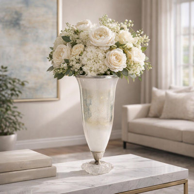 Decorative Glass Table Vase with Acrylic Base for Home Tabletop Decor - Tall Flower Vase Accent for Living Room Styling - Silver & Gold