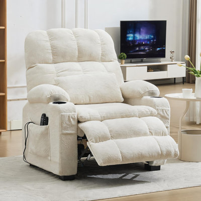 Très grand fauteuil inclinable électrique massant et chauffant, port USB et coussin lombaire de 25,6 po de large, beige