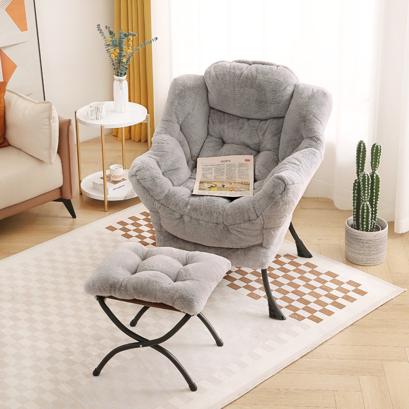 Gray Plush Metal Accent Chair with Ottoman