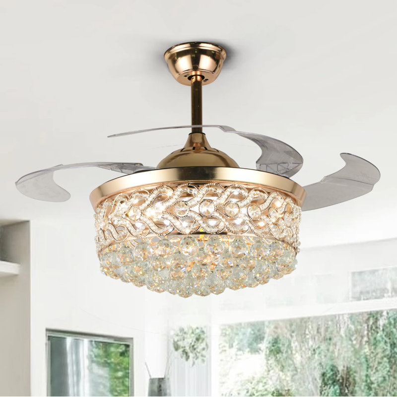 43“ Gold Heart-Shaped Crystal Invisible Fan Light (Remote Control and Led 3-Color Dimming)