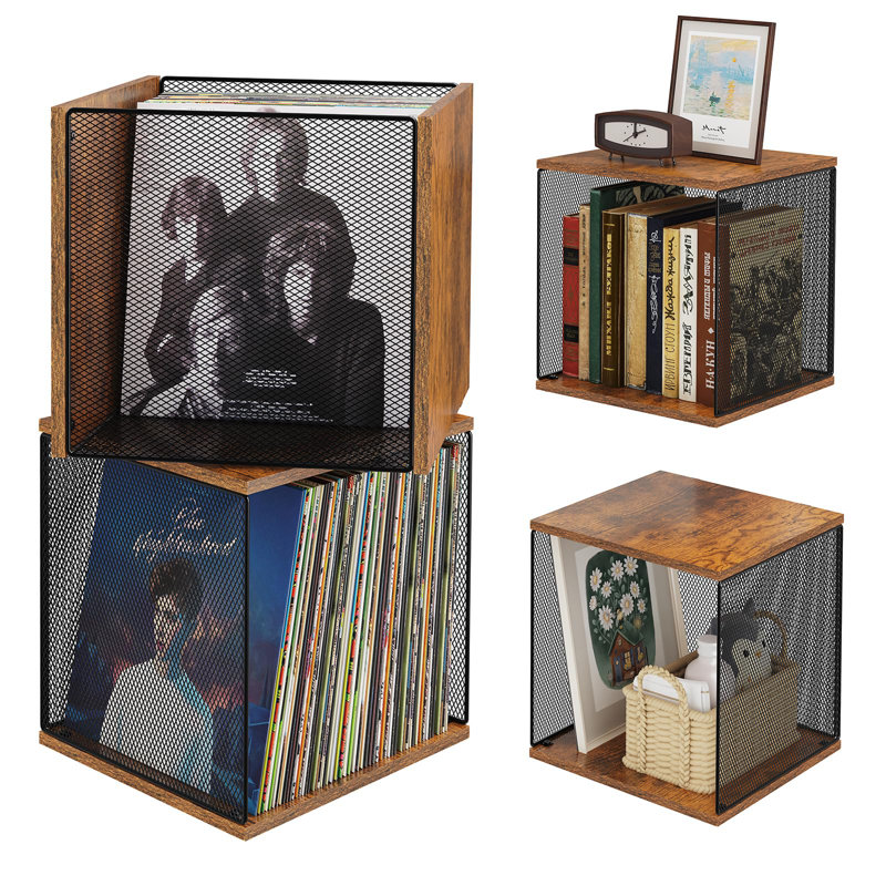 2 Cubes Of Record Holder Shelf Vinyl Record Storage Furniture,DIY Stackable 80-110 Records Visualize Album Storage Box Cube Natural Wooden Organizer