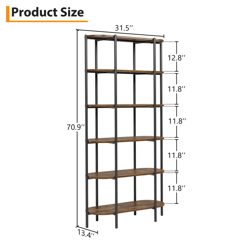 6-Tier Oval Bookshelf, Industrial Tall Bookcase with Rustic Brown Wood & Metal Frame, Open Display Storage Shelf for Living Room, Bedroom, Home Office