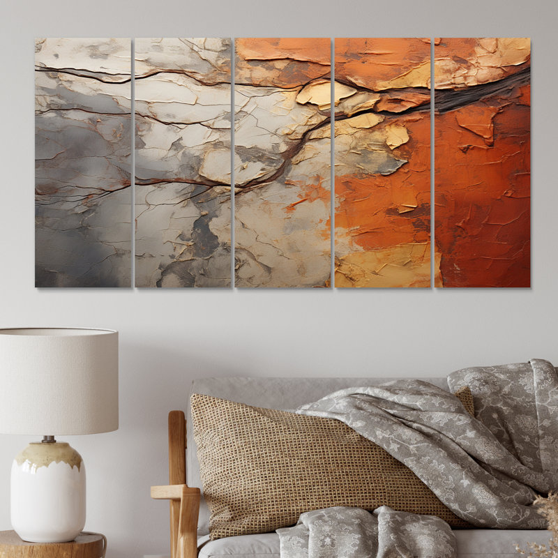 Collage de séquoia abstrait orange et gris 5 pièces