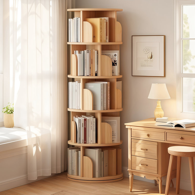 Bibliothèque ronde rotative à 5 niveaux à 360 degrés avec base stable, conception à chicane et rangement facile d'accès pour les petits espaces de bureau