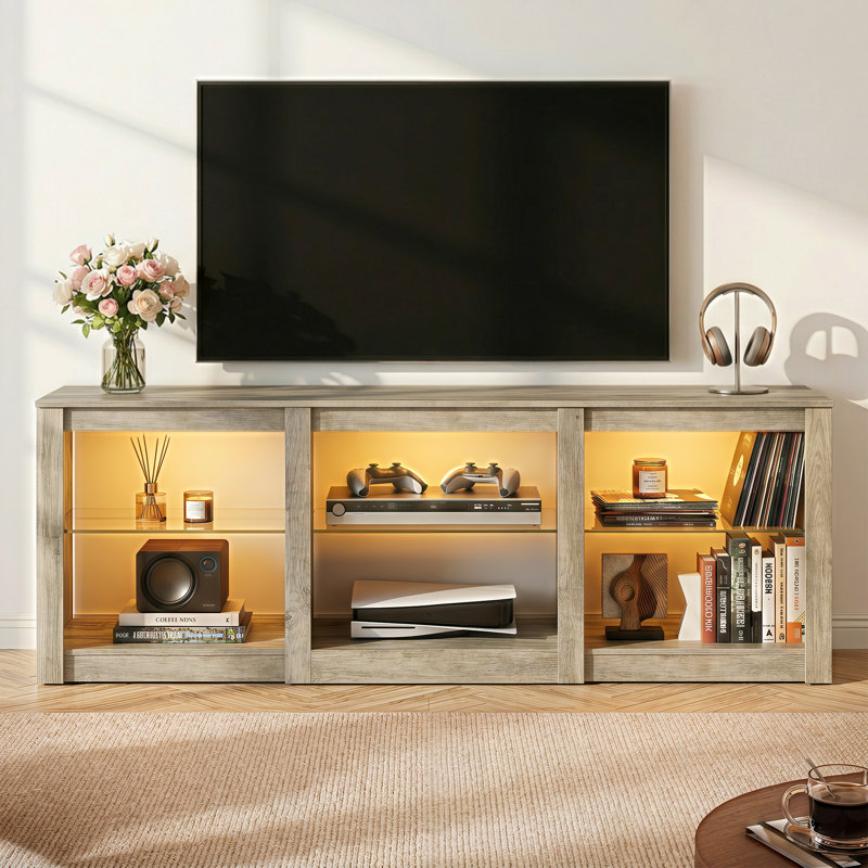 Kruszewski 58.3'' W TV Stand for TVs up to 65" with LED Light and Open Storage, Entertainment Center with Adjustable Glass Shelves, Wooden TV Console for Living Room and Bedroom