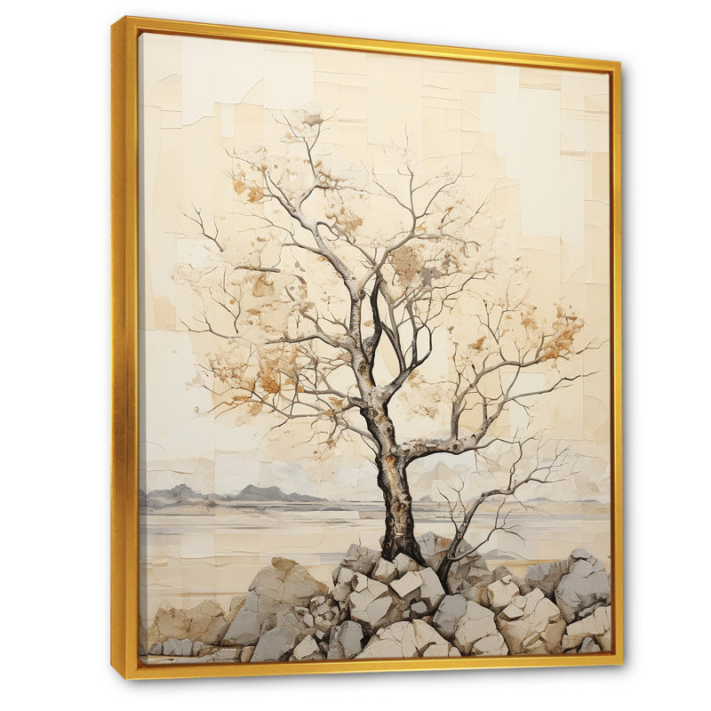 Baobab arbre beige minimalisme II - arbre Baobab Wall Art Living Room, Cadre flottant doré, H 40 po x l 30 po