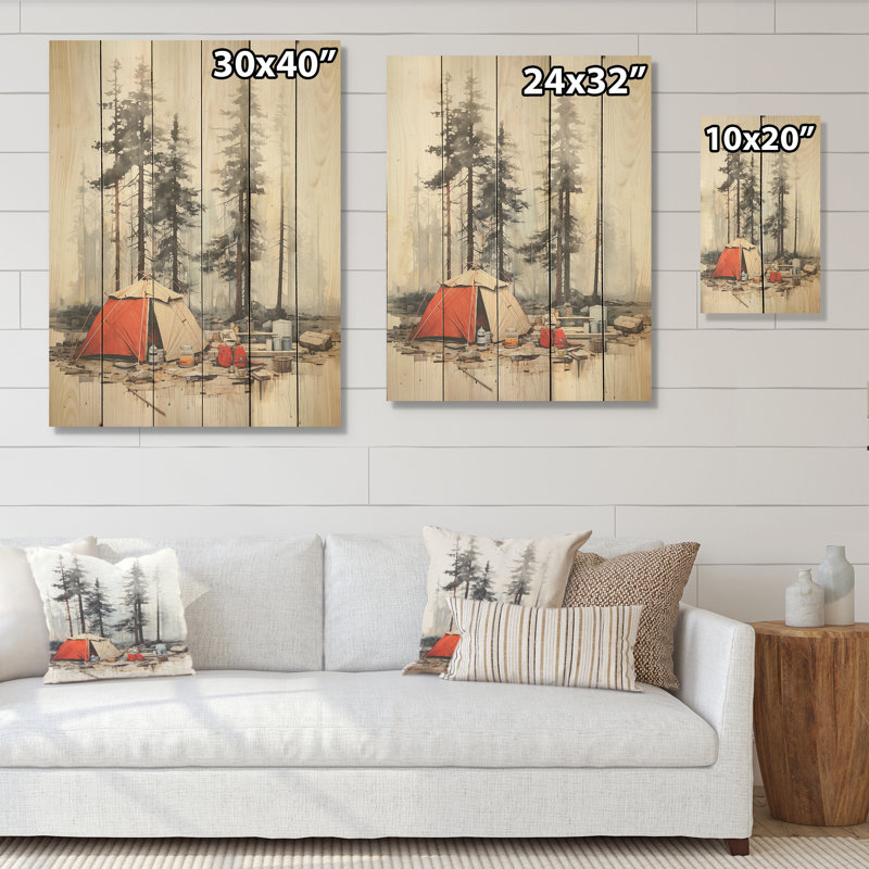 Minimalisme, camping, voyage, collage I - camping, voyage, art mural sur bois de pin naturel, H 40 po x l 30 po