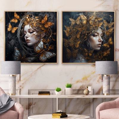 Female Golden Butterflies - Woman Butterfly Square Collage Set Of 2