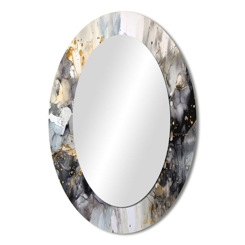 Grand miroir mural ovale gris délicat abstrait Brushstrokes II sur métal, 36 po x 24 po