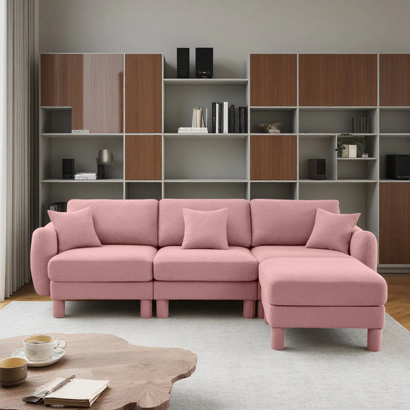 Boucle Fabric Convertible L Shape Sectional 3-Seater Sofa Couch With Distinctive Shell-Shaped Armrests And Removable Ottoman