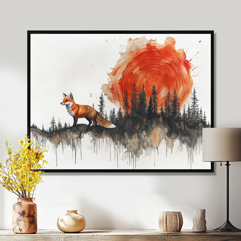 «Silent Fox In Forest Landscape III», art mural renard, H 34 po x l 44 po, Avec cadre, Noir