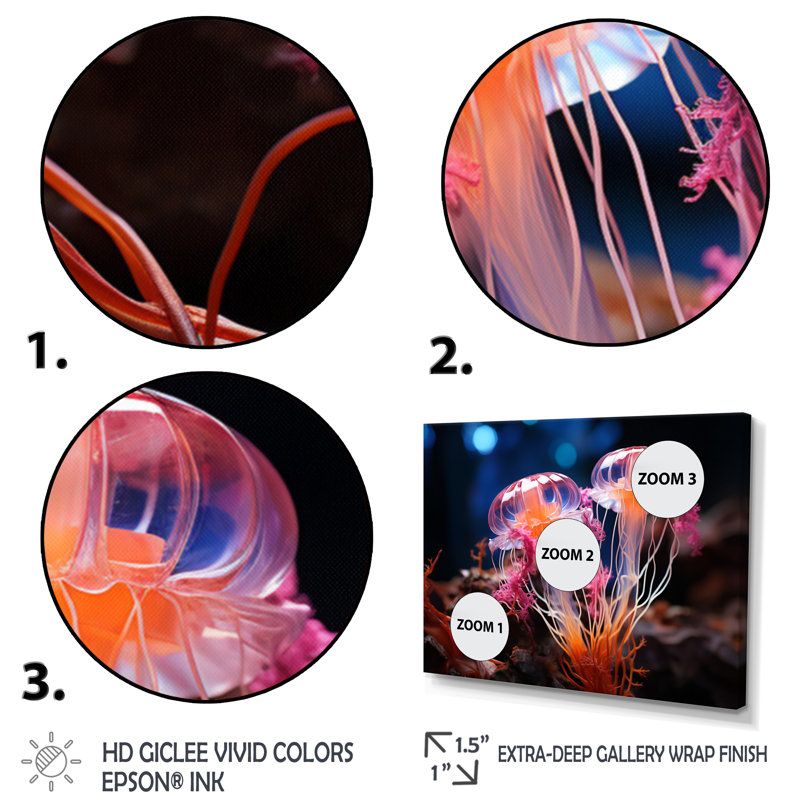 Jellyfish Oceans Glow IV sur impression sur toile, H 16 po x l 32 po x P 1 po, Cadre doré à une seule photo